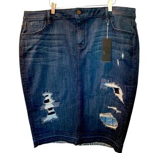 6TH & LANE Blue Denim Distressed Knee-length Pencil Skirt Raw Hem Size 20 NWT